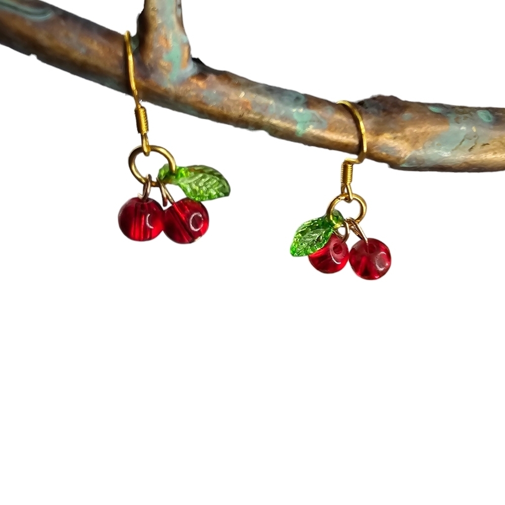 Red Cherries with Green Leaf Dangle Hook Earrings Glass Beads Hypoallergenic